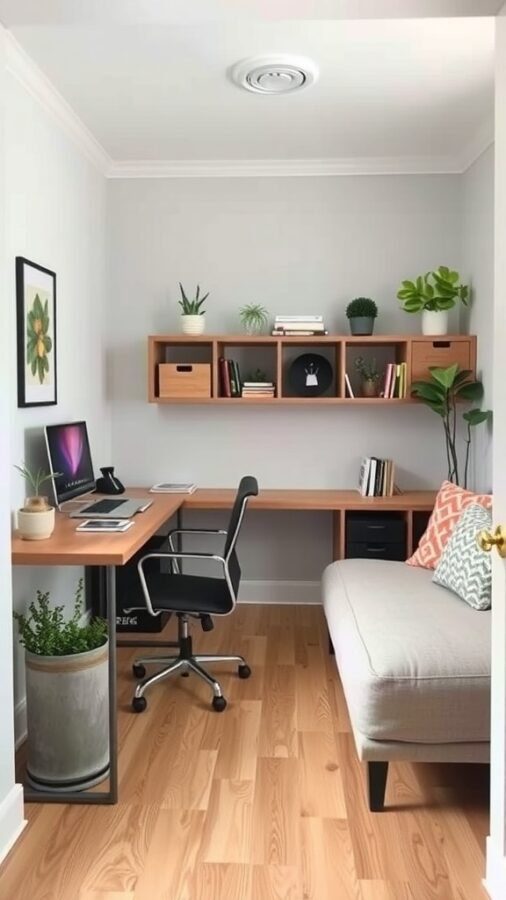 17 Stylish Home Office Guest Room Combos for Ultimate Efficiency 15 A small home office with a desk, chair, and a sofa, featuring plants and shelves.