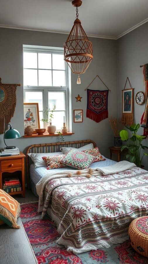 A cozy grey bedroom with eclectic bohemian decor, featuring a bed with patterned pillows, a colorful rug, and various wall hangings.