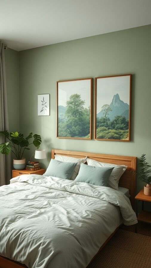 A cozy bedroom with nature-inspired artwork on the walls, featuring landscape paintings and indoor plants.