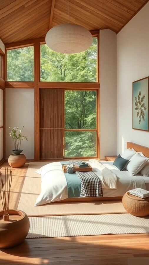 A serene bedroom with large windows, wooden elements, and soft bedding, surrounded by greenery.