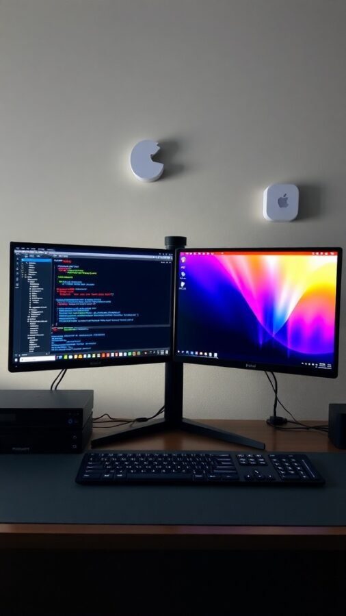 A dual monitor setup featuring one screen displaying code and the other a colorful desktop background.