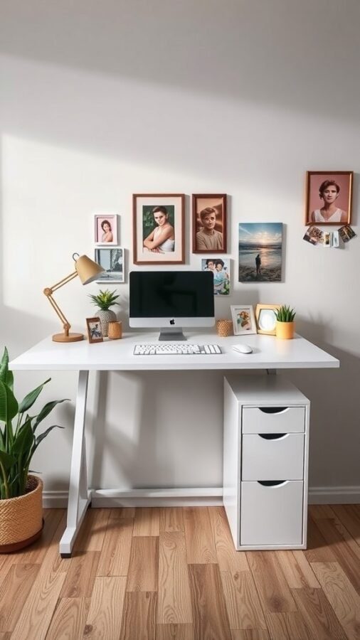 A modern standing desk setup with a computer, decorative photos, plants, and a drawer unit.
