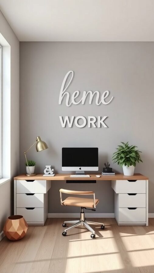 A modern minimalist home office featuring a wooden desk, white drawers, a computer, and plants.
