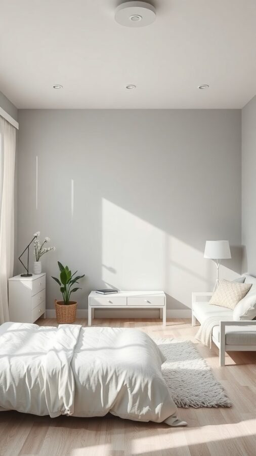 A bright and airy grey bedroom with white bedding and furniture, featuring natural light and plants.