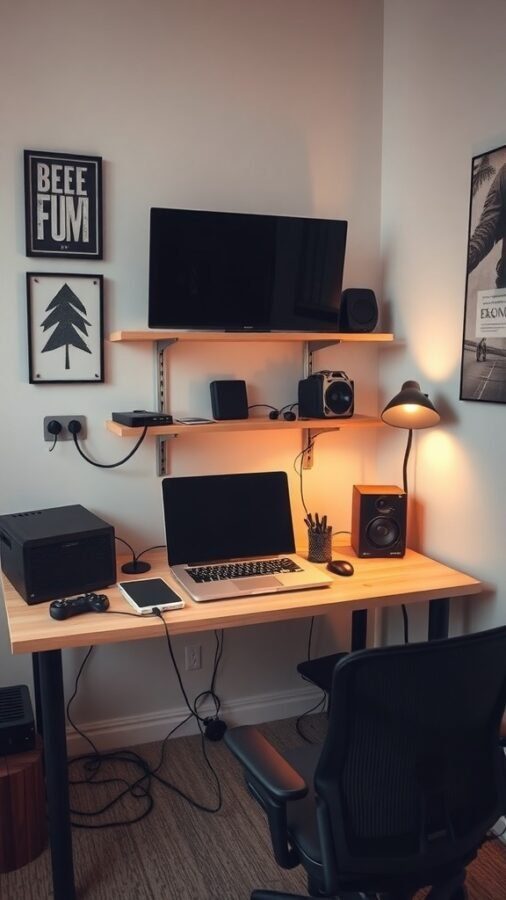 A small home office setup featuring a desk with a laptop, gaming console, and speakers, along with shelves and warm lighting.