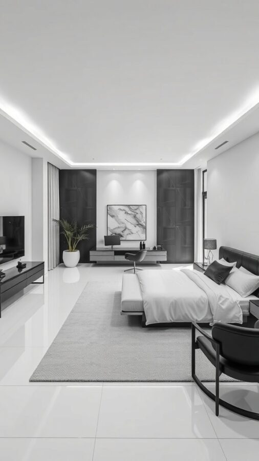 A contemporary chic black and white bedroom featuring a low bed, stylish chair, and modern decor.