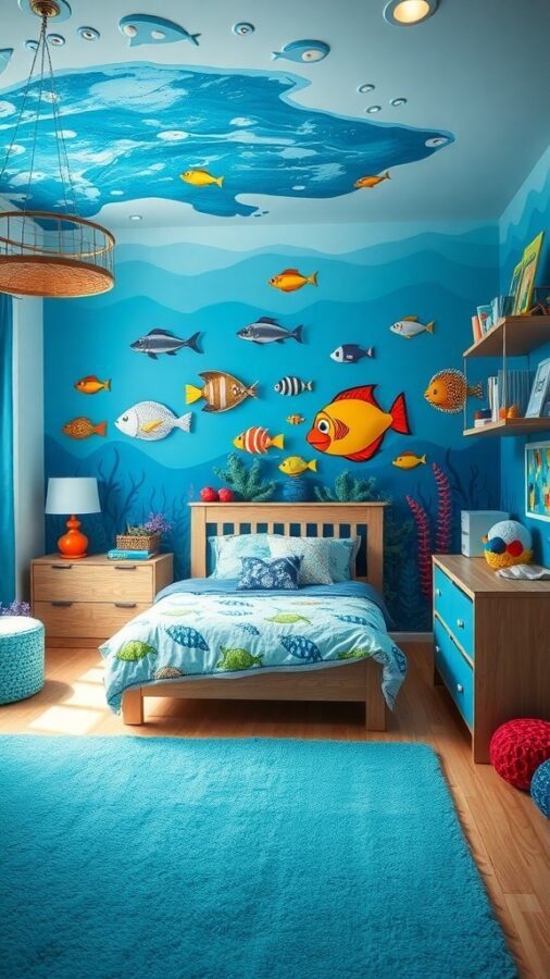 A boy's bedroom designed with an underwater theme, featuring blue walls, fish decorations, and ocean-inspired bedding.
