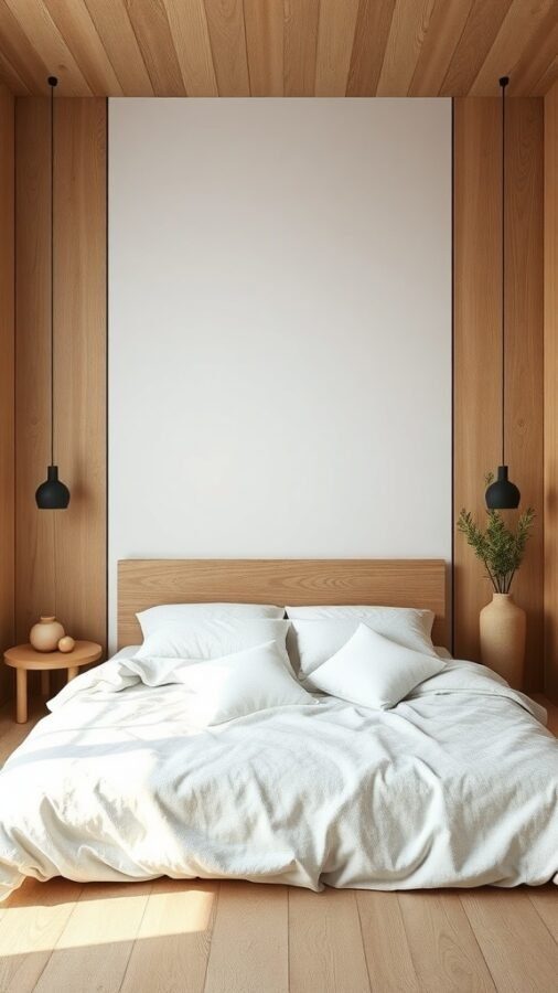 A minimal bedroom featuring a wooden bed frame, white bedding, and natural decor elements.