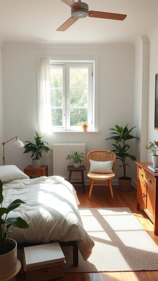 A cozy bedroom with plants, a bed, and natural light from a window.