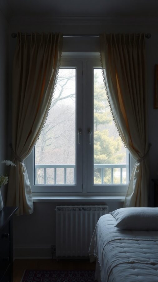 A cozy bedroom window with soft, light-colored curtains framing the view.