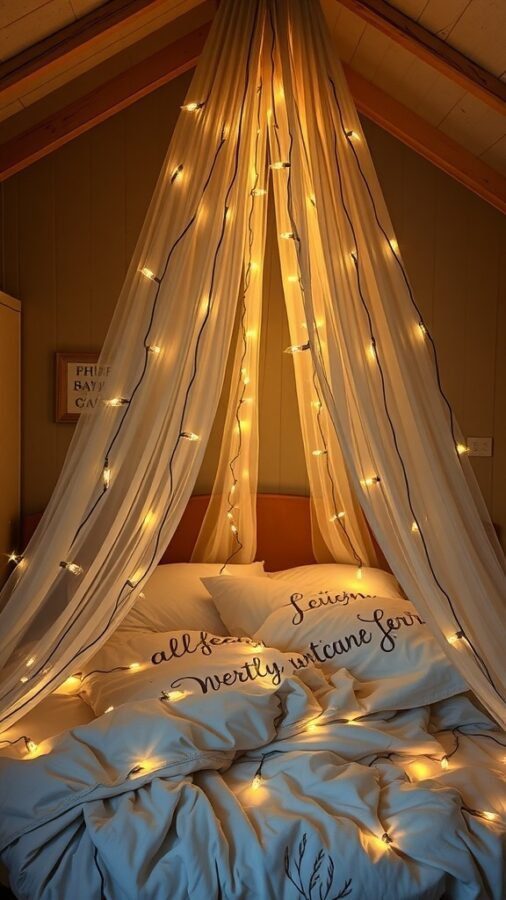 A cozy bedroom with a fairy light canopy draped over the bed, creating a warm and inviting atmosphere.