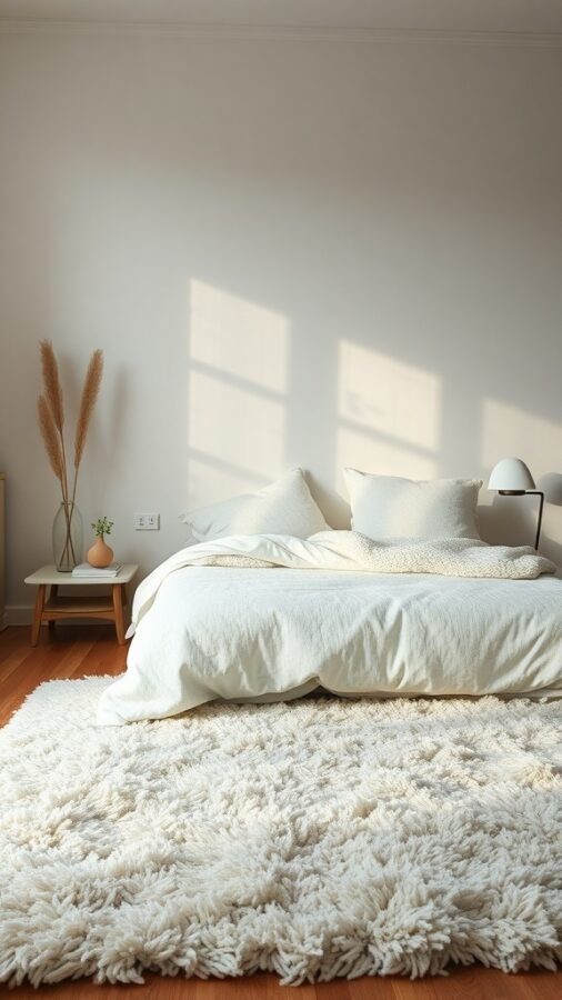 Cozy bedroom with a soft white textured rug, a bed with fluffy pillows, and a wooden bedside table.