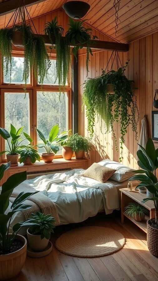 A cozy bedroom with wooden walls, large windows, and various plants creating a nature-inspired retreat.