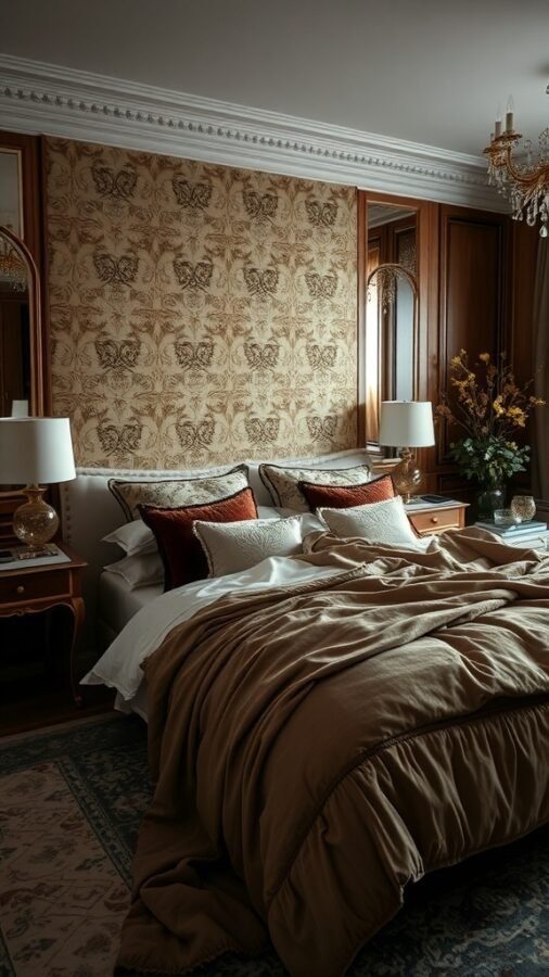 A luxurious bedroom with textured layers, featuring a beautifully made bed with warm bedding, intricate wallpaper, and elegant bedside decor.