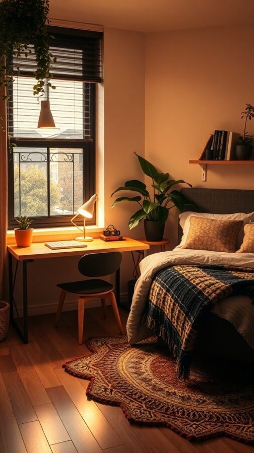 17 Stylish Home Office Guest Room Combos for Ultimate Efficiency 3 A stylish home office guest room combo featuring a desk by the window and a cozy bed.