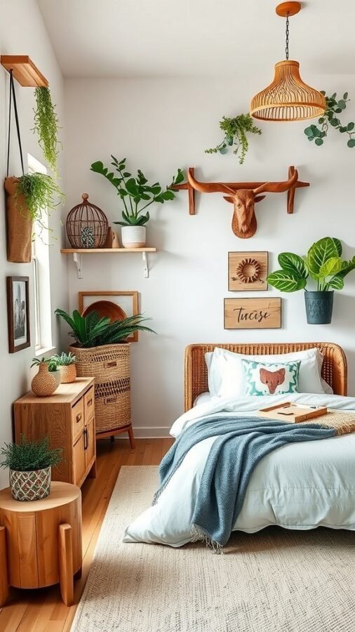 A cozy boys bedroom featuring wood accents and greenery, creating a nature-inspired retreat.