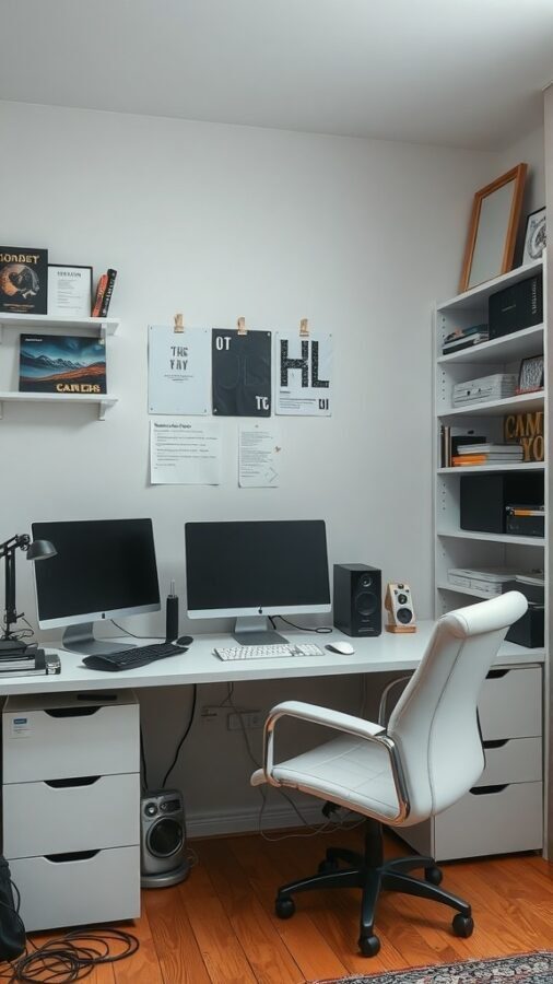 13 Essential Tips for an Organized Home Office 12 A neatly organized home office with two monitors, a white desk, and minimal visible cables.