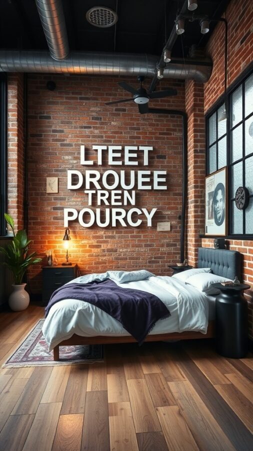 A stylish industrial loft bedroom featuring exposed brick walls, a cozy bed, and modern decor.