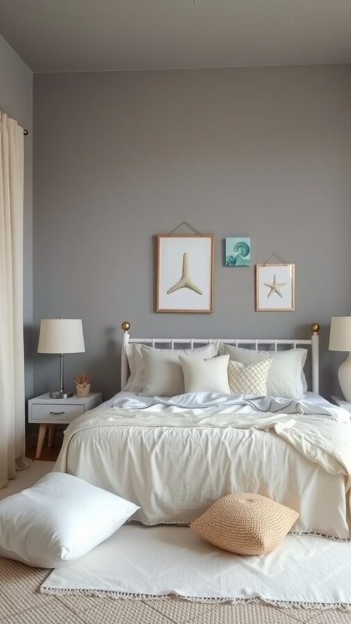 A serene grey bedroom with coastal decor, featuring a white bed, soft pillows, and ocean-themed artwork.