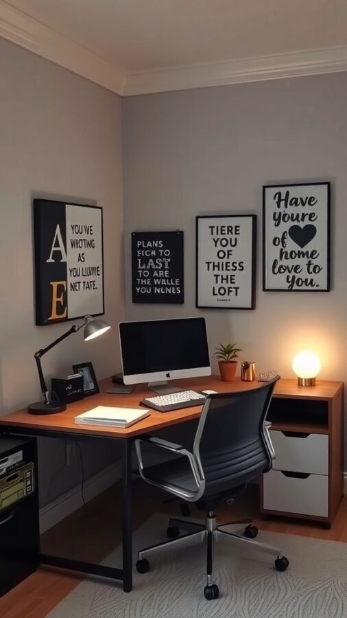 17 Stylish Home Office Guest Room Combos for Ultimate Efficiency 10 A stylish home office with a desk, computer, and motivational wall art.