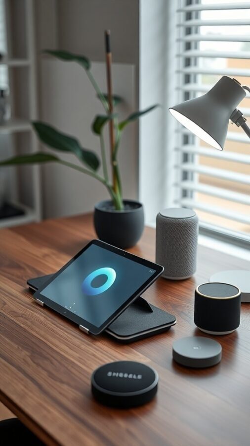 17 Inspiring Home Office Ideas for Men 2 A modern home office setup featuring a tablet, smart speakers, and a lamp on a wooden desk with a plant.