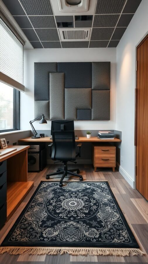 15 Creative Small Home Office Ideas for Maximum Productivity 13 A small home office with acoustic panels on the wall, a desk, and a decorative rug.