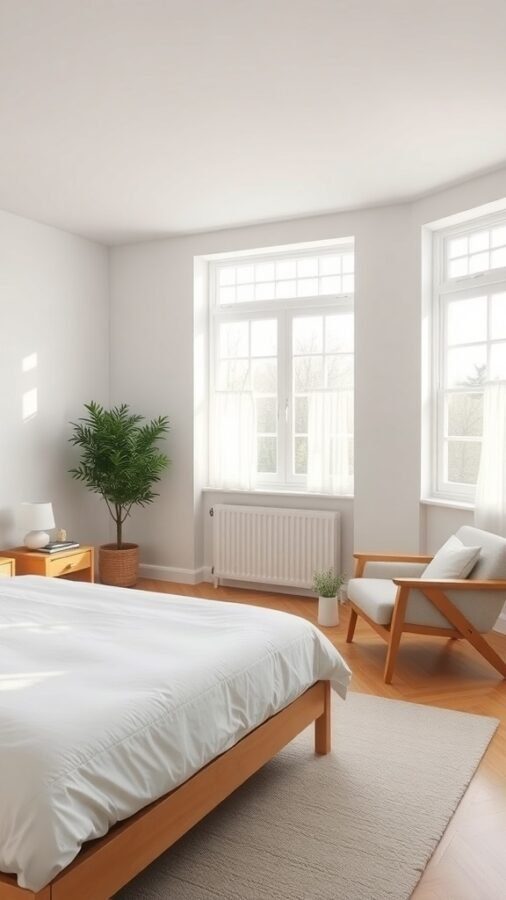 A serene minimalist bedroom featuring a wooden bed, potted plants, and large windows allowing natural light.