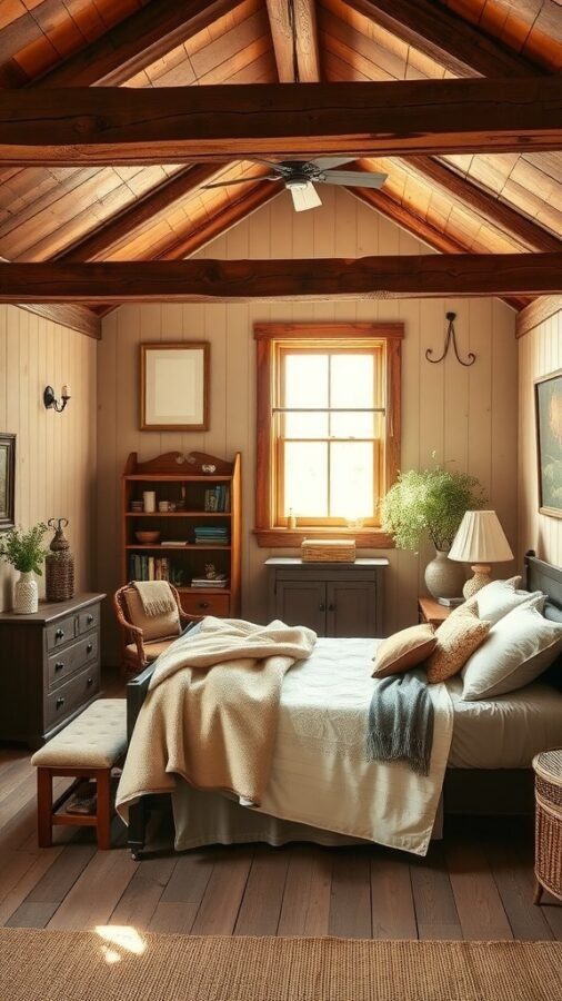 A cozy rustic farmhouse bedroom with wooden beams, a comfortable bed, and natural light.