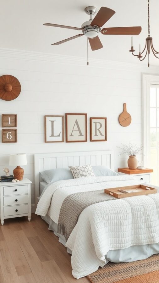 14 Stunning White Bedroom Ideas for a Dreamy Retreat 8 A modern farmhouse bedroom featuring white walls, a cozy bed with neutral bedding, wooden accents, and decorative wall art.