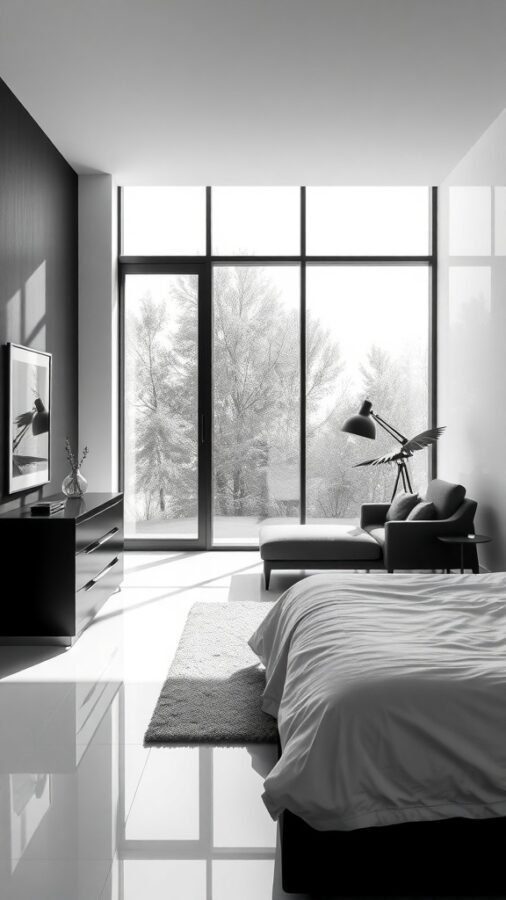 A black and white minimalist bedroom with large windows and simple furniture.