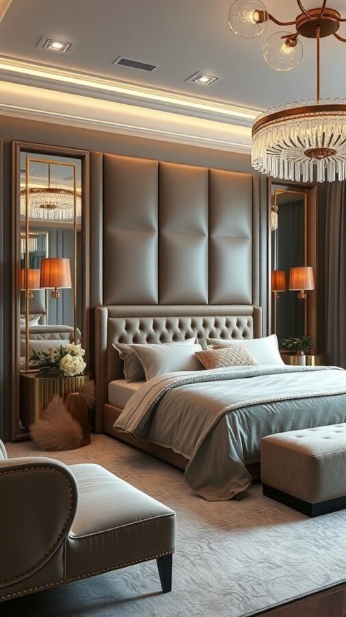 A luxurious bedroom featuring a tufted headboard, elegant chandelier, and soft color palette.