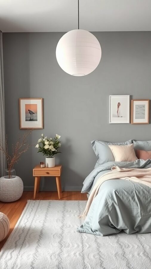 A grey bedroom featuring soft pastel accents with blue bedding, pink pillows, and a modern pendant light.