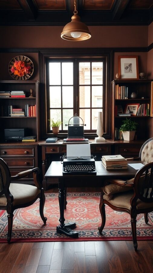 A vintage masculine home office featuring a wooden desk, typewriter, and bookshelves.