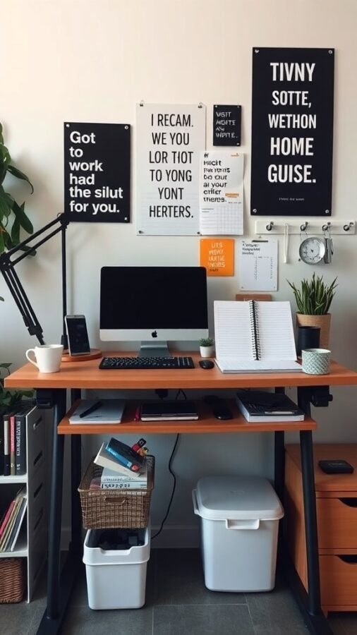 A stylish standing desk setup with motivational wall art, a computer, and organized storage in a home office.