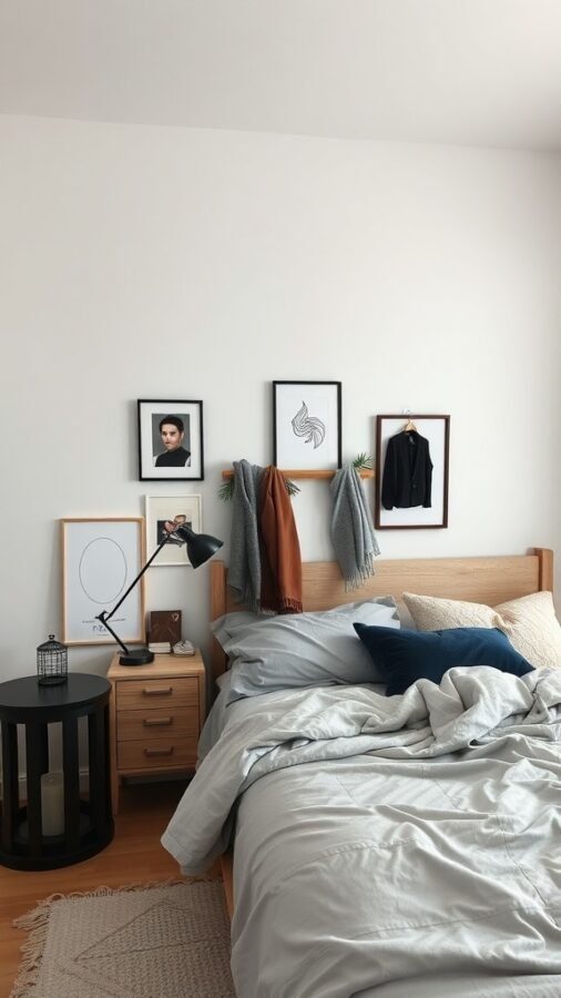 A minimal bedroom with light colors, framed art, and a cozy bed.