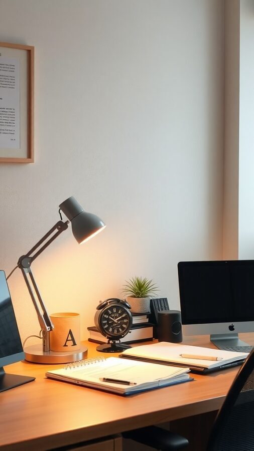A cozy desk setup featuring a warm desk lamp, a clock, a plant, and a computer.