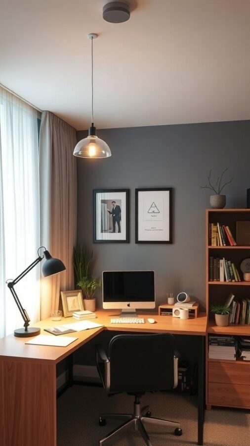 A modern home office with a pendant light, desk lamp, and stylish decor.
