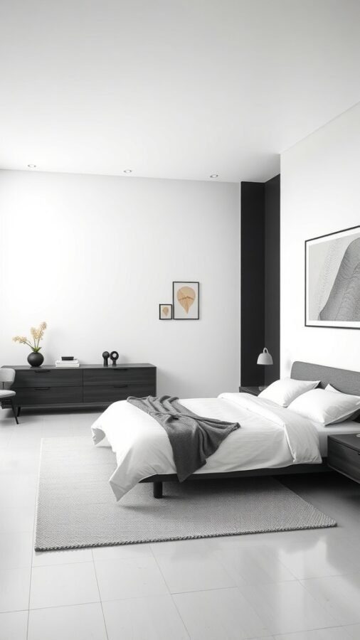 A modern minimalist bedroom featuring a sleek bed, dark accent wall, and simple decor.