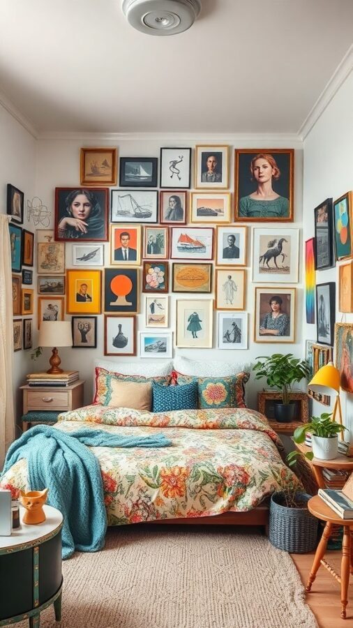 A cozy bedroom featuring a wall of framed artwork, a colorful bedspread, and decorative plants.