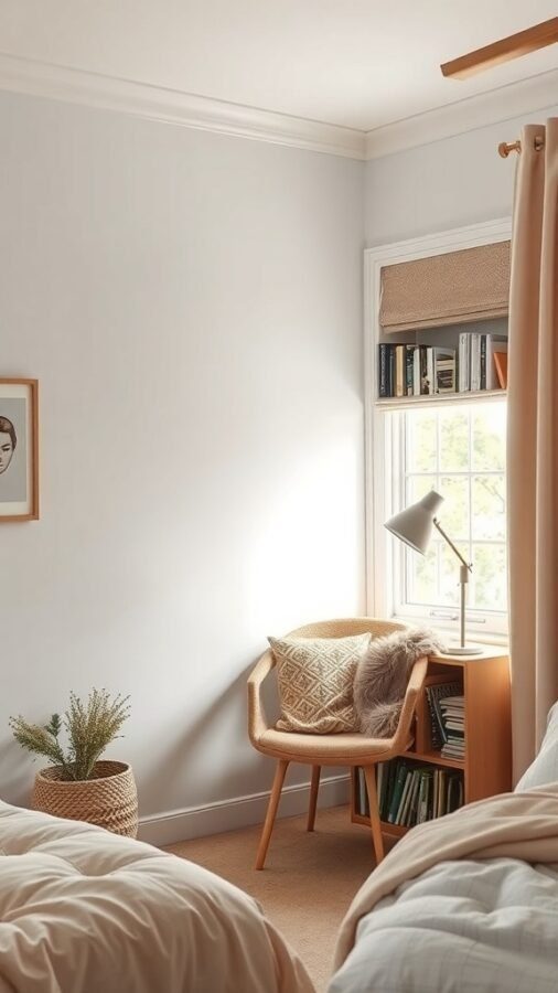 A cozy reading nook featuring a comfortable chair, a small bookshelf, and natural light from a window.