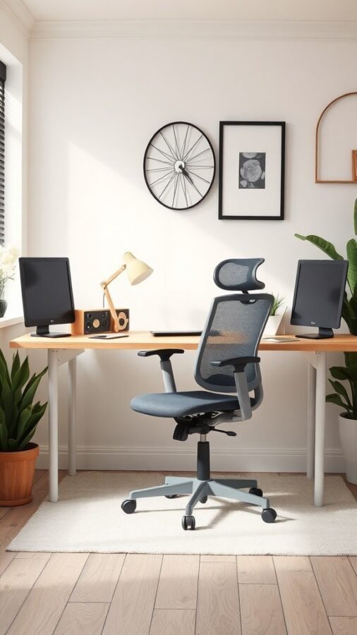 A comfortable office chair in a stylish home office setup with a wooden desk, plants, and decor.