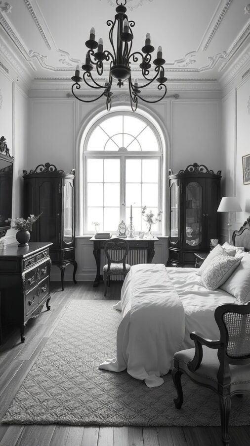 A classic vintage bedroom featuring a chandelier, elegant furniture, and a large window.