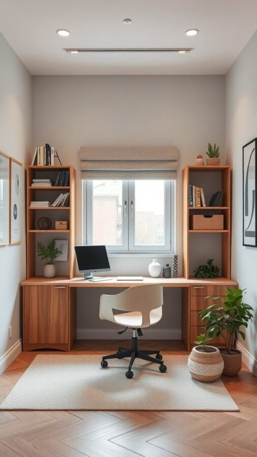 A small home office featuring a wooden desk, shelves, and a window with natural light.