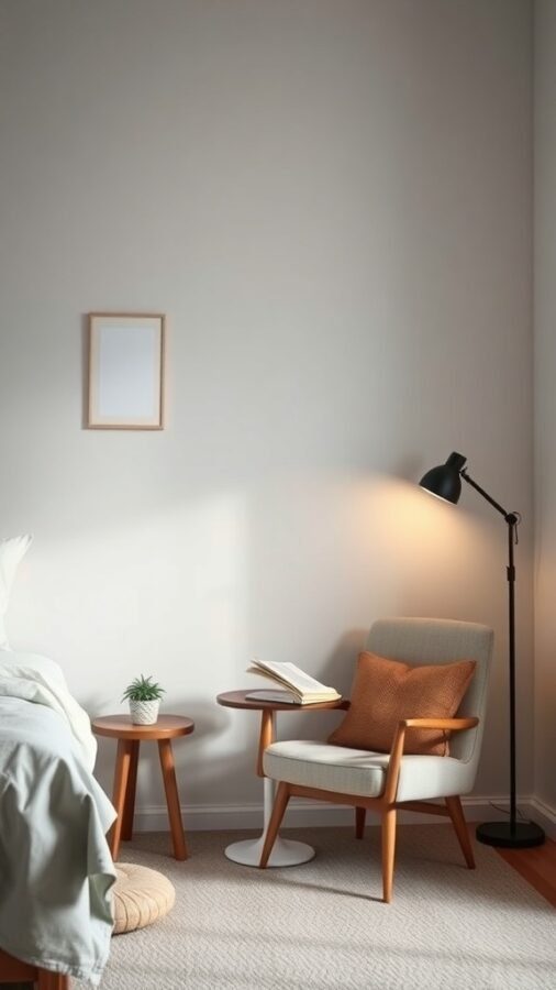 A cozy reading nook in a minimal bedroom featuring a comfortable chair, side tables, a plant, and warm lighting.