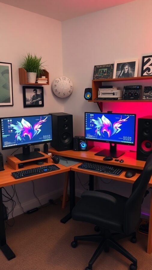 A personalized tech setup with dual monitors, speakers, and stylish decor.