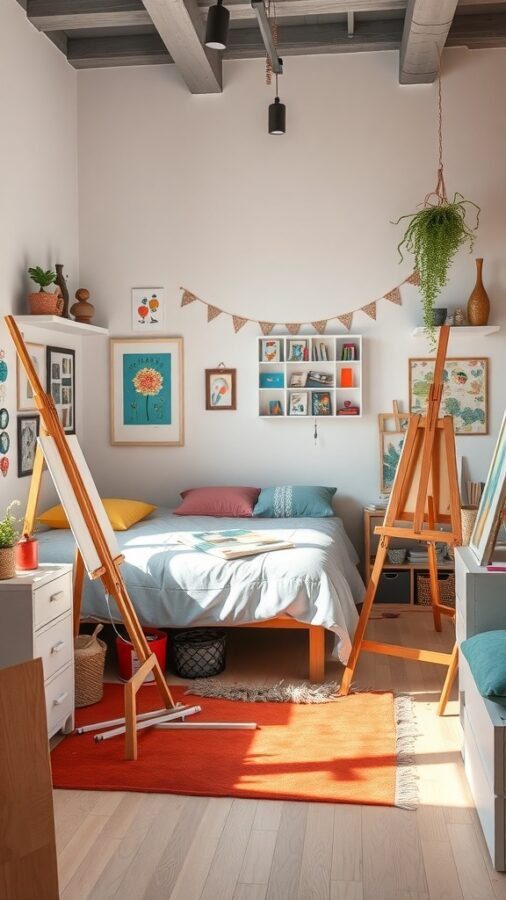 A bright and cozy artistic studio featuring a bed, easels, colorful artwork, and plants.