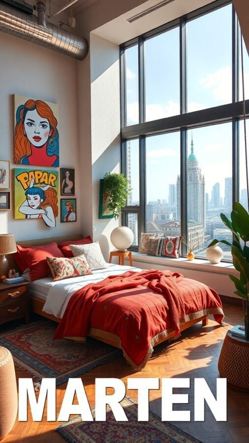 A stylish bedroom with large windows, red bedding, and urban artwork.