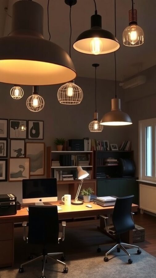 A stylish home office with various light fixtures including pendant lights and a desk lamp.