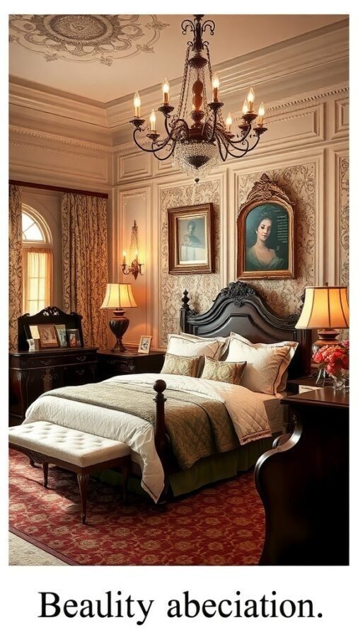 A vintage glam bedroom featuring an ornate chandelier, antique furniture, and elegant decor.