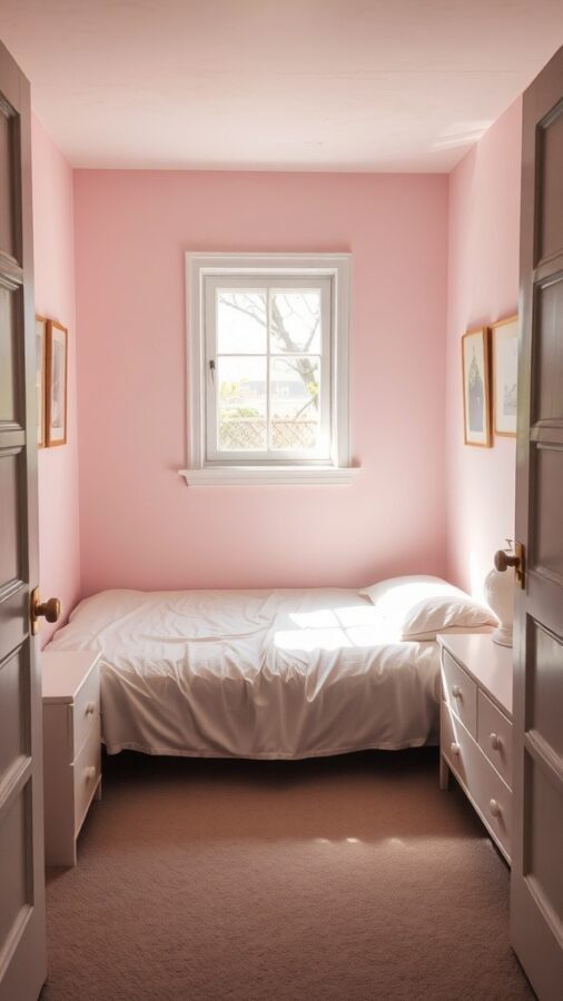 A small bedroom with light pink walls, white bedding, and a window letting in natural light.
